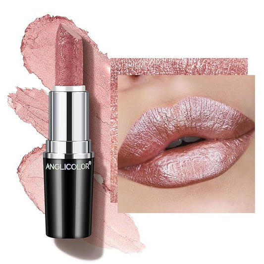 Glitter Metallic Nude Pink Lipstick,High Impact Lipcolor,Lightweight Hydrating Formula Smooth and Non-Sticky,Lipstick For Women,Full-Coverage Lip Makeup(07 PURE ENVY, 4g)