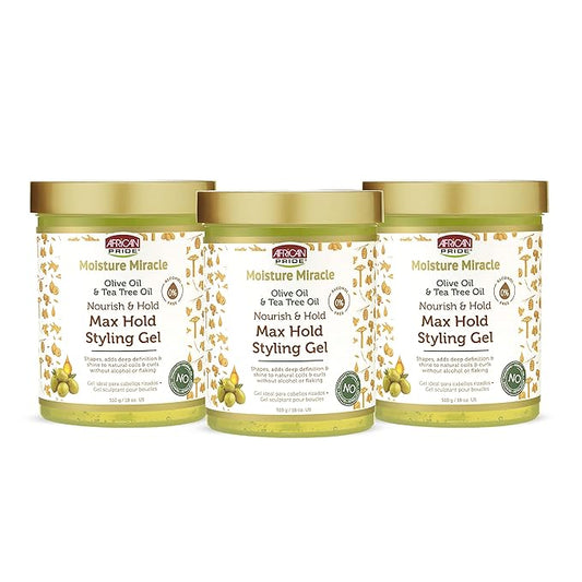 African Pride Moisture Miracle Olive & Tea Tree Oil Max Hold Styling Hair Gel (3 Pack), For Natural Coils & Curls, 18 oz