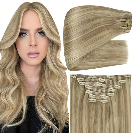 Full Shine Clip in Hair Extensions Golden Blonde Highlight Light Blonde 150 G Human Hair Clip in Extensions for Thick Hair 24 Inch Double Weft Straight Invisible Hair Extensions 7 Pcs