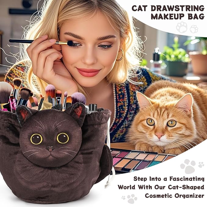 Drawstring Makeup Bag, Cat Makeup Bag, Travel Makeup Organizer, Cosmetic Pouch Bag, Cat Gift for Women, Lay Flat Makeup Bag Gifts for Cat Lovers