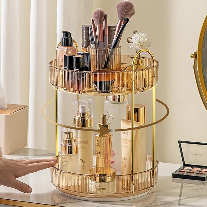 Aveniee 360 Rotating Makeup Organizer for Vanity, Upagraded Perfume Skincare Bathroom Counter Organizers with Brush Divider, Two Tier Spinning Lipstick Cosmetic Makeup Lotion Storage Organizer(Gold)