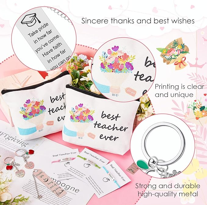 LEIFIDE 24 Pcs Teacher Appreciation Gifts Set, Thank You Birthday Gifts for Teachers 6 Teacher Cosmetic Bag 6 Teacher Blessing Card Bracelet 6 Bookmarks 6 Keychain for Women Teachers Day Graduation