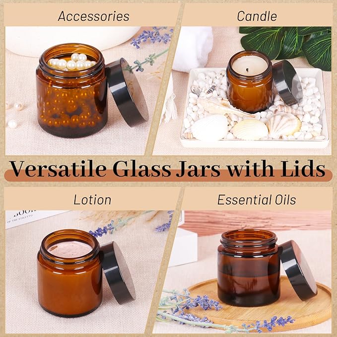 AuroTrends 4 oz Amber Glas Jars with Lids 12Pack, Portable Amber Round Empty Glass Candle Jars with Lids/Body Butters Containers/Body Butter Jar (4 fl. oz, Set of 12)
