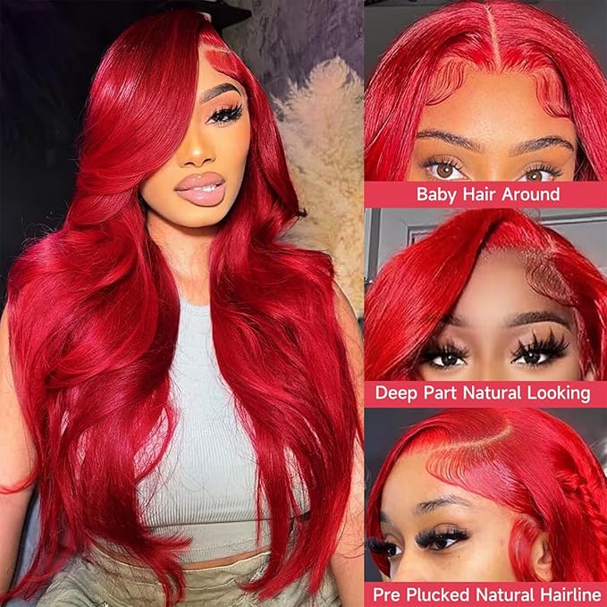 36 Inch Red Lace Front Wigs Human Hair Burgundy Red Body Wave Wig 13x6 Hd Lace Frontal Wig Human Hair Pre Plucked with Baby Hair 180% Density Dark Red Wear and Go Glueless Wigs Hair for Women