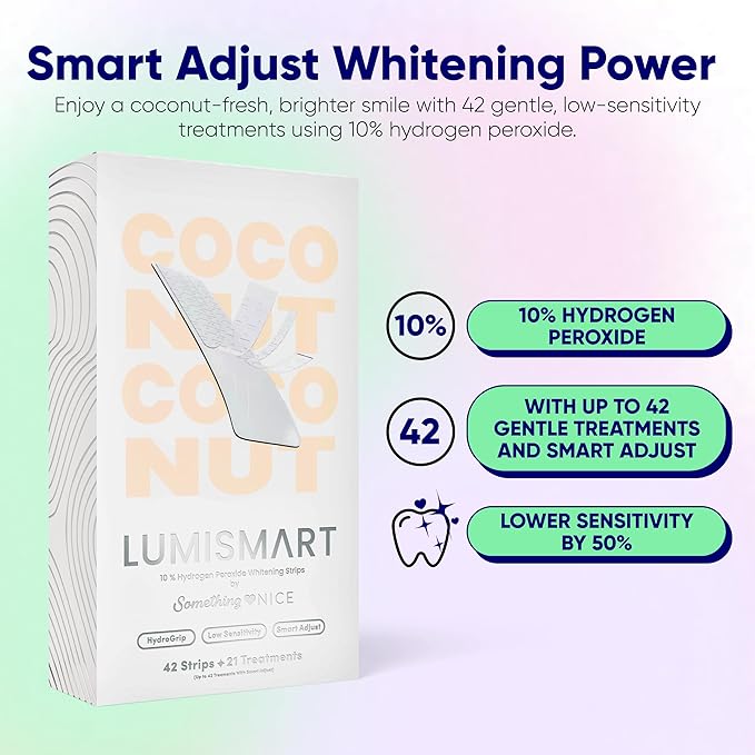 Something Nice Lumismart Whitening Strips - Dentist-Designed, Enamel Safe, up to 42 Treatments with Smart Adjust - Teeth Whitening Strips in Coconut for Sensitive Teeth