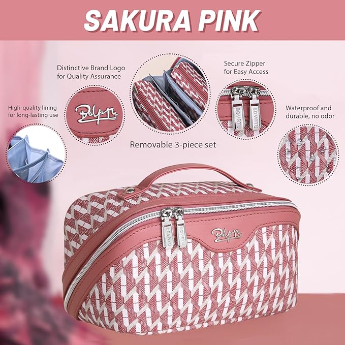 BOYATU Travel Makeup Bags for Women: Large Capacity Cosmetic Bag Set of 3 - Vegan Leather Make up Bags with Compartments - Wide Open Waterproof Toiletry Organizer Bag with Handle (E-03-Red)