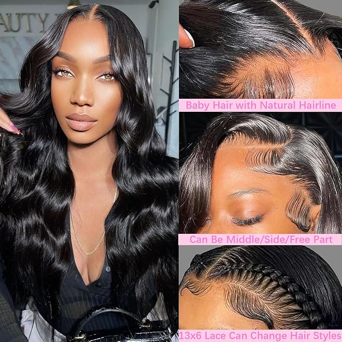 13x6 Lace Front HD Wigs Human Hair 210 Density Body Wave Pre Plucked 28 Inch Black Wig