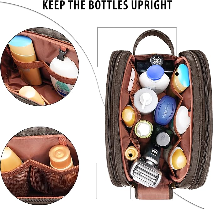 Travel Toiletry Bag for Men, Large Hanging Toiletries Organizer Bags, Cruise Ship Essentials, Water-resistant Shaving Case, PU Leather Makeup Accessories, Cosmetic Dopp Kit, Dark Brown