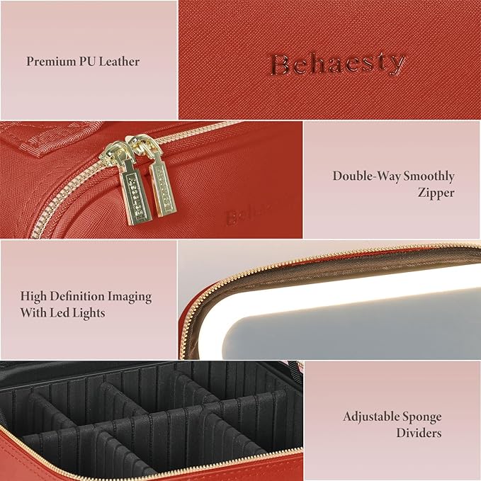 Travel Makeup Bag with LED Lighted Mirror, Cosmetic Makeup Organizer Bag with 3 Color Setting, Makeup Train Case with Adjustable Dividers for Women Makeup Brushes Jewelry Accessories