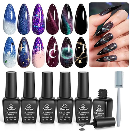 Beetles Cat Eye Gel Nail Polish, 6 Colors Black Purple Blue Galaxy Cat Eye Gel Polish Set, Milky Way Glitter Gel Nail Polish with Magnet Stick, Soak Off Uv Lamp Gel Cat Eye Nail Polish Gifts for Women
