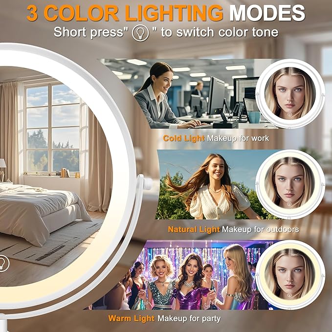 10x Large Lighted Makeup Mirror, Rechargeable 8.7" Double-Sided Vanity Mirror with 3 Color Dimmable Lights, 1X/10X Height Adjustable Magnifying Mirror, 360° Swivel, for Women Girl(White)