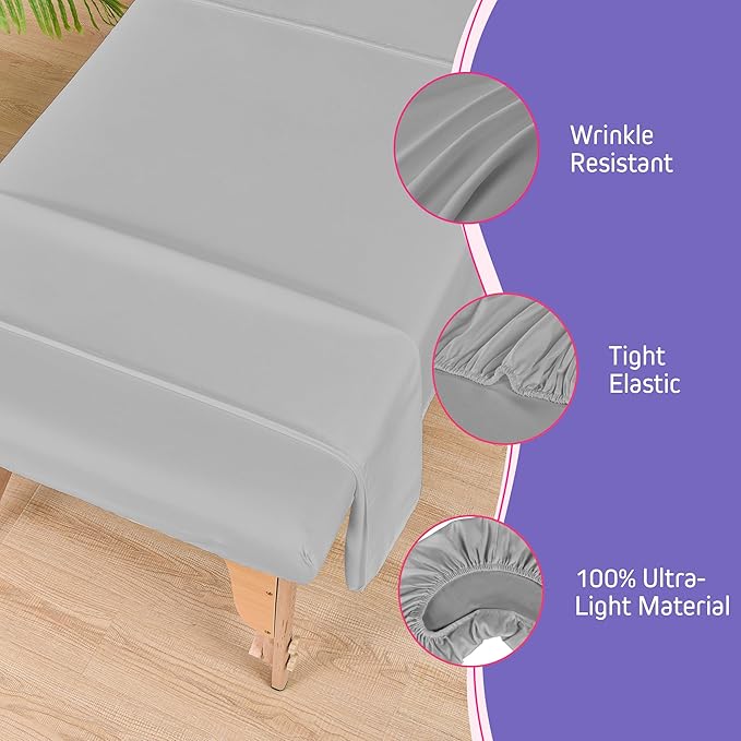 Massage Table Sheets Sets – 4 Set Bundle, 120GSM Double Brushed Microfiber, Premium Massage Sheets Sets, Spa Bed Sheets for Esthetician, Wrinkle & Oil Resistant, Light Gray
