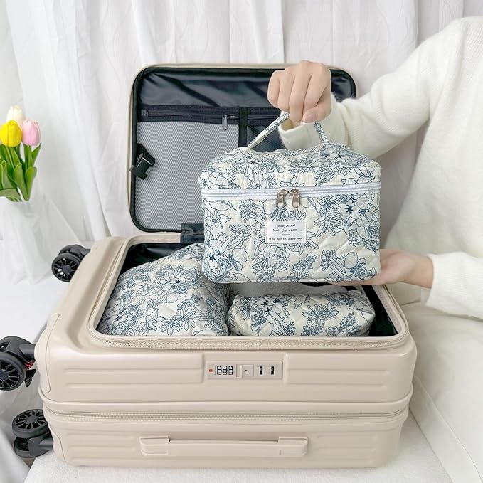 3Pcs Cotton Quilted Makeup Bag for Women Girls, Large Floral Cosmetic Bag Set Cute Makeup Brushes Aesthetic Accessories Storage Bag Flower Travel Toiletry Bag Organizer