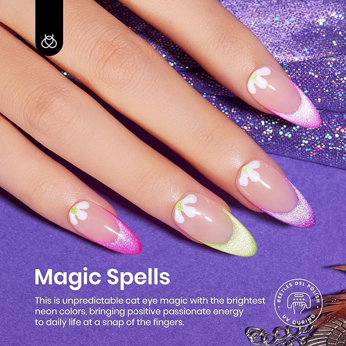 Beetles Cat Eye Gel Nail Polish Set, 6 Colors Summer Neon Holographic Glitter Gel Polish Kit Hot Pink Orange Purple Blue Green Magnetic Nail Polish Soak Off UV French Nail Art Gift for Women