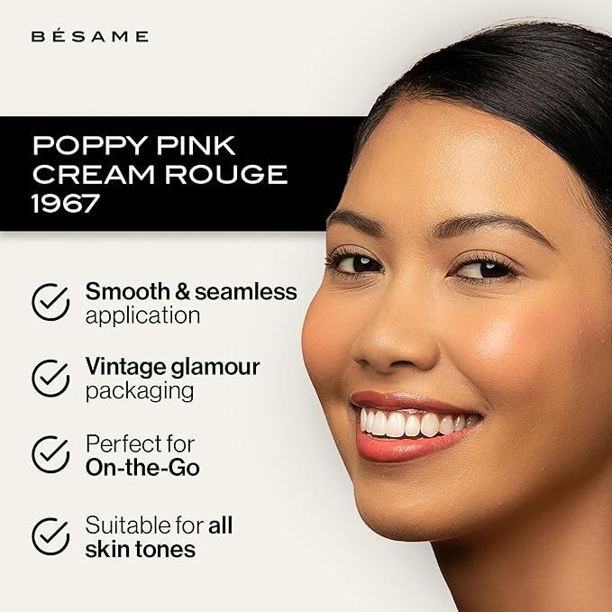 BESAME Poppy Pink Cream Rouge - 1967, Highly Pigmented, Matte Finish, Multi-Use for Lips and Cheeks, Vintage-Inspired Reusable Tin, Long-Wearing