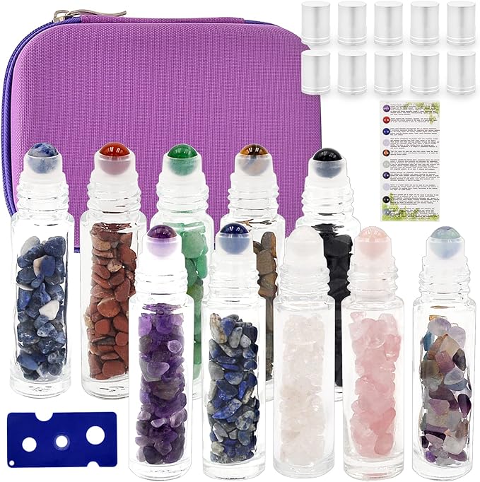 Essential Oil Roller Bottle EVA Carrying Travel Case and 10pcs Essential Oil Gemstone Roller Ball Bottles Glass Inside 10ml Healing Crystal Chips W3475