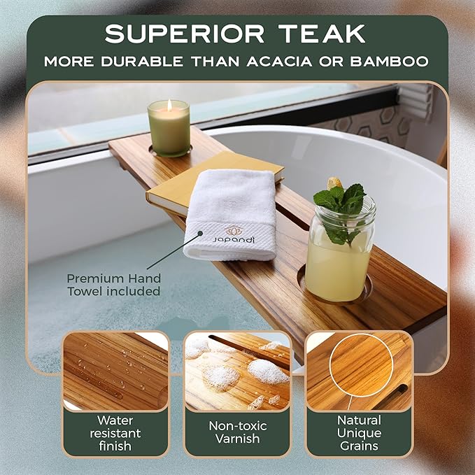 Superior Teak Bathtub Tray for Standard Tubs - Towel & Gift Box Bundle - Sustainable Minimalist Wood Bath Tray for Tub - Anti-Slip Bath Table Tray Bath Caddy 29 in.