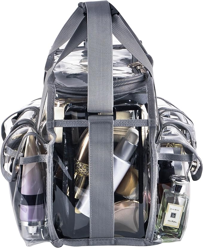 Wide Mouth Large Professional Clear PVC Travel Makeup Artist Set Bag Cosmetic Nails Beauty Bag Transparent Vinyl Tool Organizer Work Bag Beach Bag Diaper Bag with 6 External Pockets & Strap (Grey)