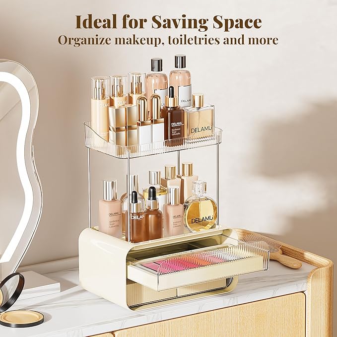 Delamu Bathroom Counter Organizer 2-Drawers 2-Tier Acrylic Makeup Organizer for Vanity Countertop, Skincare Perfume Storage, Easy Assembly, Ideal Gift for Women Cream White