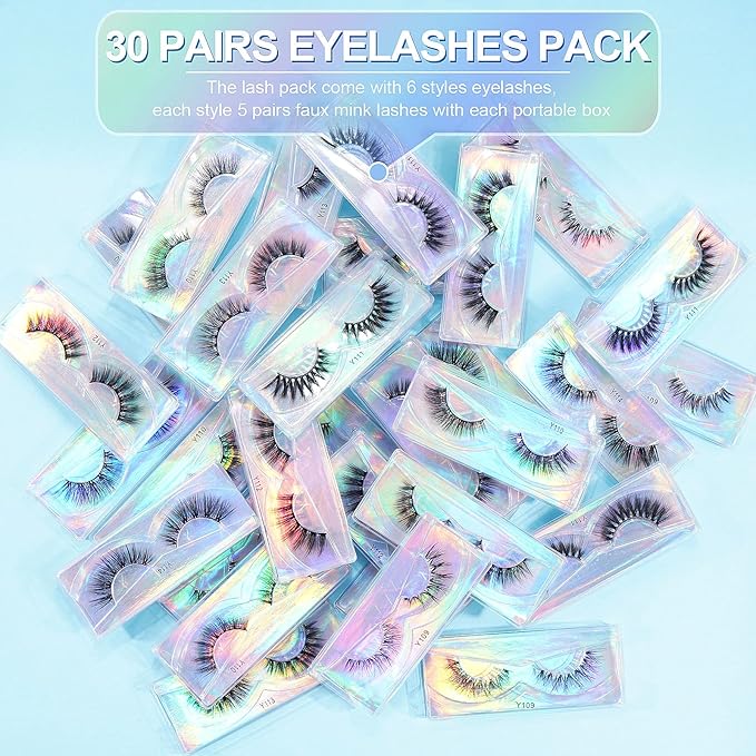 MAGEFY Lashes 30 Pairs 6 Styles Faux Mink Eyelashes, Fake Eyelashes Natural Look to Dramatic Volume False Lashes, 3D Lashes Pack with Eyebrow Grooming Kit