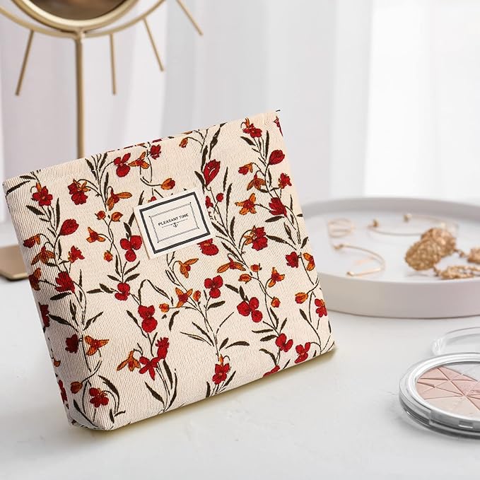 Sanwuta 6 Pcs Velvet Makeup Bag Large Capacity Corduroy Cosmetic Bag pattern Canvas Makeup Pouch with Zipper Travel Toiletry Accessories Organizer for Women Girls Gifts, 10 x 7 Inch(Flower)