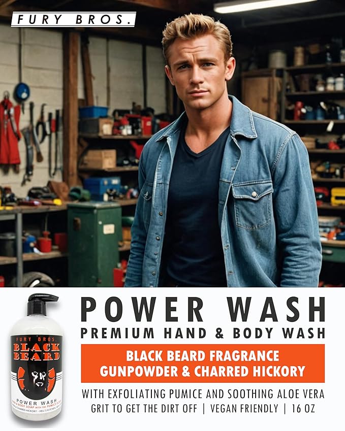 Premium Power Wash | Black Beard | Gunpowder & Charred Hickory | Hand & Body Wash | Exfoliating Pumice | Moisturizing Aloe Vera | Highly Scented | Made in USA | 16 oz | Dad Men Bath