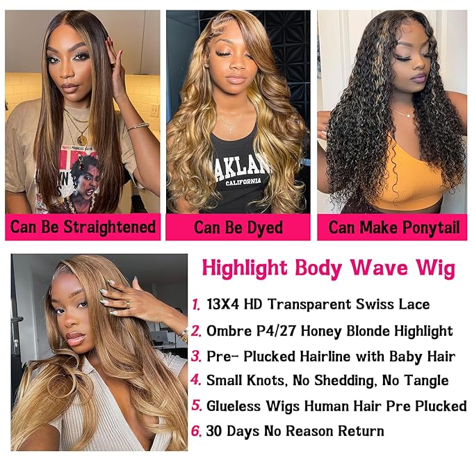 32 Inch Highlight Ombre Lace Front Wigs Human Hair Pre Plucked With Baby Hair 4/27 Colored 13x4 Body Wave Lace Frontal Wigs 180% Density Honey Blonde Lace Front Wig Human Hair