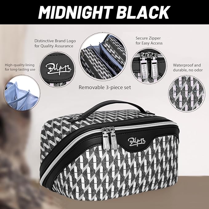 BOYATU Travel Makeup Bags for Women: Large Capacity Cosmetic Bag Set of 3 - Vegan Leather Make up Bags with Compartments - Wide Open Waterproof Toiletry Organizer Bag with Handle (E-04-Black)