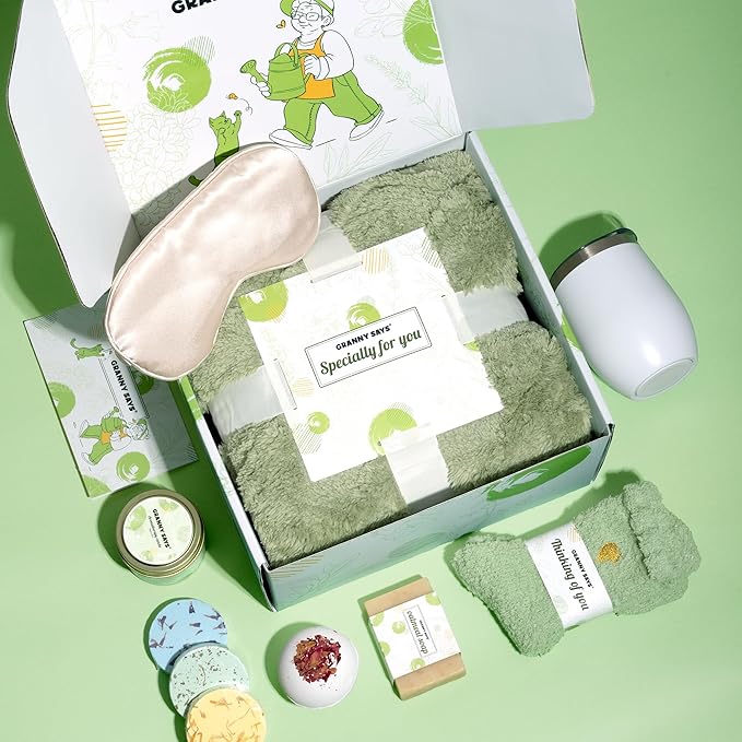 GRANNY SAYS Birthday Gifts Box for Women Unique, Spa Gifts, Self Care Get Well Soon Gifts for Women, Care Package with Flannel Blanket for Mom, Best Friends, Wife, Sister, Green