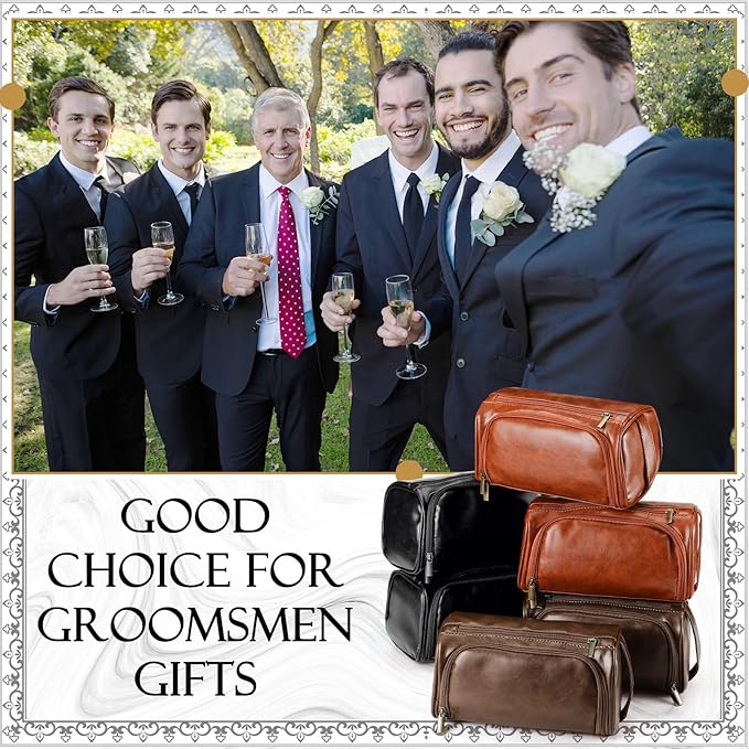 Aliceset 6 Pcs Groomsmen Gift Groomsmen Toiletry Bags Set of 6 Leather Toiletry Bag for Men with Hook Leather Wedding Proposal Bag with Side Handle Father Gift(Dark Brown, Black, Brown)