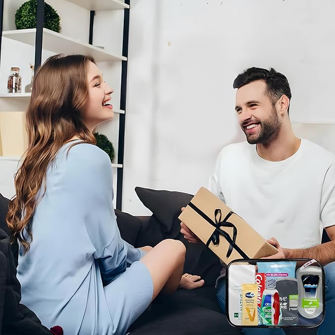 Travel Toiletries Kit Gift for Men, Travel Bag of Hygiene Essentials for Bath, Shaving and Personal Care, 8 Mini TSA Approved Items in Reusable Zipper Bag, Perfect for On-The-Go