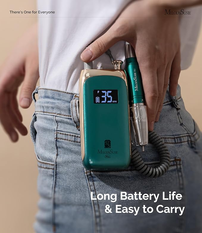 MelodySusie MB450C Nail Drill Machine, Professional E File for Acrylic Nail, 35000RPM Rechargeable Cordless Portable Electric Nail File 8 Nail Drill Bit Set - Jade Plus