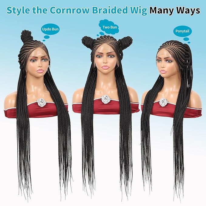 13X8 HD Lace Front Braided Wigs Cornrow Braided Wigs for Women Box Braid Wig with Baby Hair Side Parted Human Hair Blended Braided Lace Front Wigs Black 36 Inch