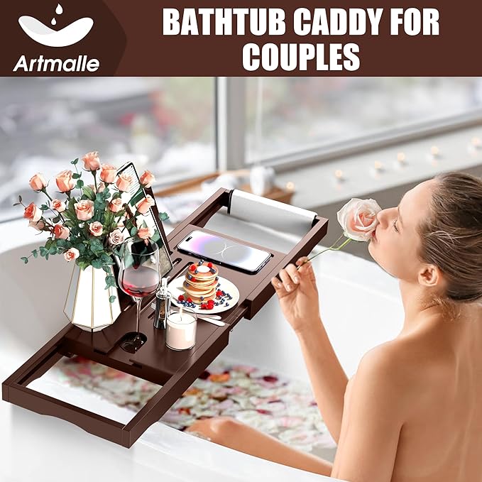 Artmalle Bathtub Tray for Tub, Expandable Bamboo Bath Caddy Tray with Book Stand for Home Spa Relaxing, Foldable Minimalist Bathroom Accessories for Women Men (Simple, Brown)