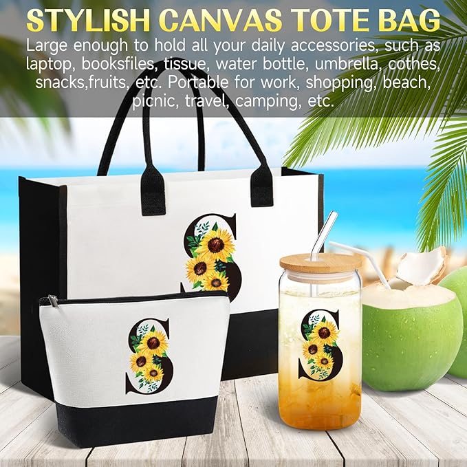 Personalized Sunflower Birthday Gifts for Women - Monogrammed Canvas Tote Bag, Makeup Bag & Glass Cup Set