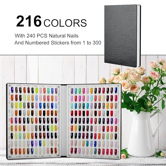 216 Nail Color Chart Display Book with 240PCS False Nail Tips, UV Gel Polish Card Book, Nail Art Salon Nail Design Display Booklet, Nail Color Swatches Nail Practice Card Board
