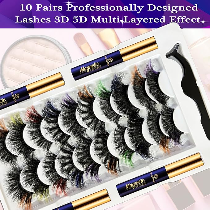 DUOERLA Magnetic Eyelashes 8D Luxury Volume Fluffy Colored Eyelashes Magnetic Lashes with Eyeliner Kit, Cat-Eye 18-23MM Long Cruelty-Free&Vegan 10 Pairs