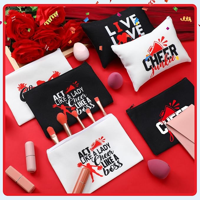 Pinkunn 20 Pcs Cheer Makeup Bags Bulk Cheerleader Gifts for Women Canvas Cheer Cosmetic Pouch Toiletry Zipper Makeup Case Cheerleading Portable Travel Pouch Team Accessories(Red)