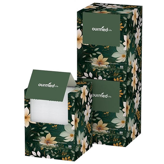 Ourmed Life Disposable Face Towels, Clean Facial Wash Cloth without Lint, Biodegradable Cleansing Dry Wipes, Skincare and Makeup Remover Towels for Sensitive Skin (Unscented, 180 Count, Pack of 1)