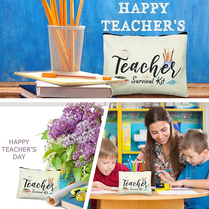 9 Pcs Teacher Appreciation Gifts Sets Teacher Makeup Pouch Cosmetic Bag Teacher Tote Bag Bulk Canvas Teacher Bangle Bracelet Teacher's Day Birthday Graduation Back to School Gift for Teacher