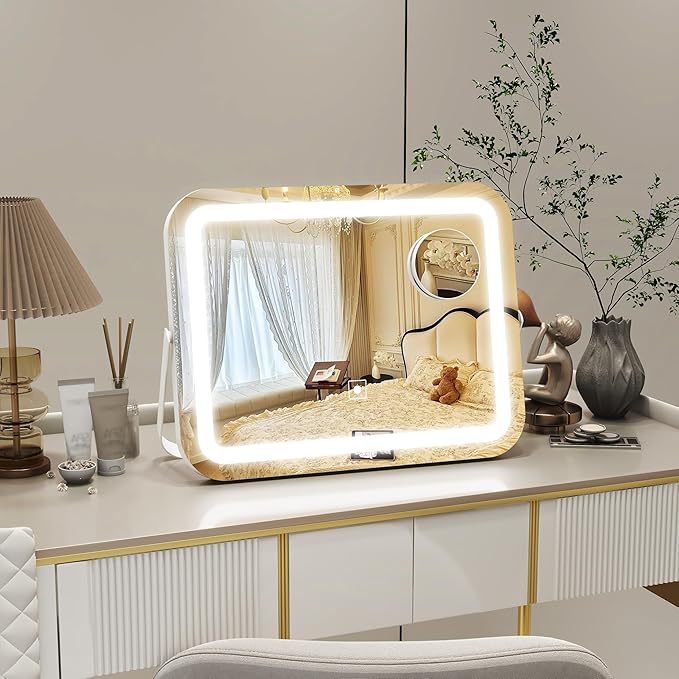 14x10 Inch Lighted Makeup Mirror with 10X Magnification - 3 Mode Dimmable LED & Smart Touch Control - Vanity Mirror with Lights for Desk (White)