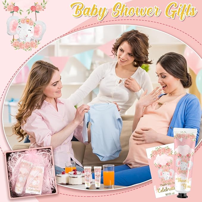 24 Sets Baby Shower Hand Cream Bulk Pink Elephant Shower Favors Bridal Thank You Appreciation Hand Cream for Guests Travel Size Lotion with Organza Bags