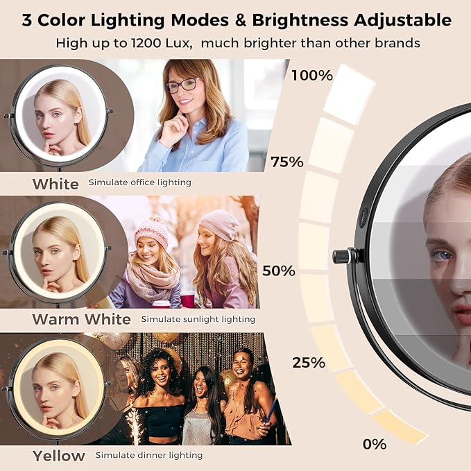 8.7in Professional Lighted Makeup Mirror - Height & Brightness Adjustable, Rechargeable 2-sided 1x/10x Magnifying HD Brighter Light Mirror- 88 Surgical-grade LEDs, 3 Colors Lights, 360° Swivel (Black)