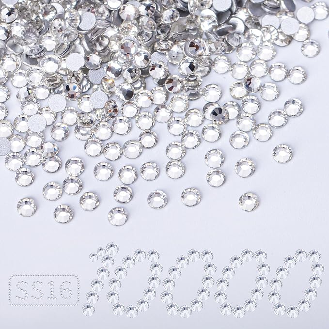 10000PCS Clear Rhinestones Bulk, Flat Back Crystal Glass Stone Round Gems,SS16, 3.8-4.0mm