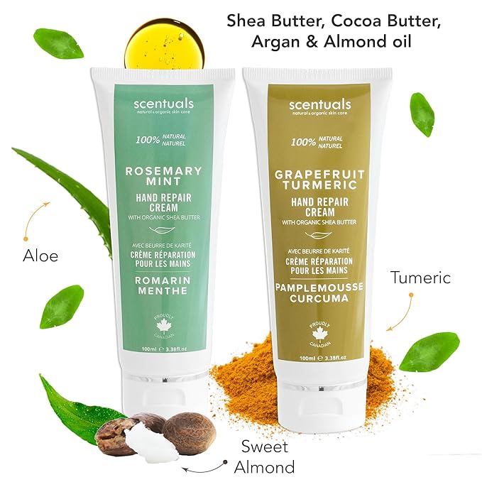 Hand Cream Set of 2, with Shea Butter, Cocoa Butter, Argan & Almond oil, Moisturizing Dry Hands. Rosemary Mint + Grapefruit Turmeric (100ml x 2/3.38 fl.oz x 2)