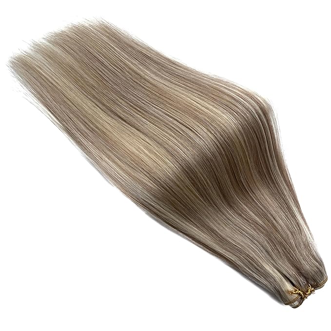 Sew in Hair Extensions Real Human Hair 24 Inch Weft Extensions Real Remy Hair Ash Brown Balayage Platinum Blonde Highlights Weft Full Head Straight Hair Weaves 120G Hair Weft Bundles Straight Hair