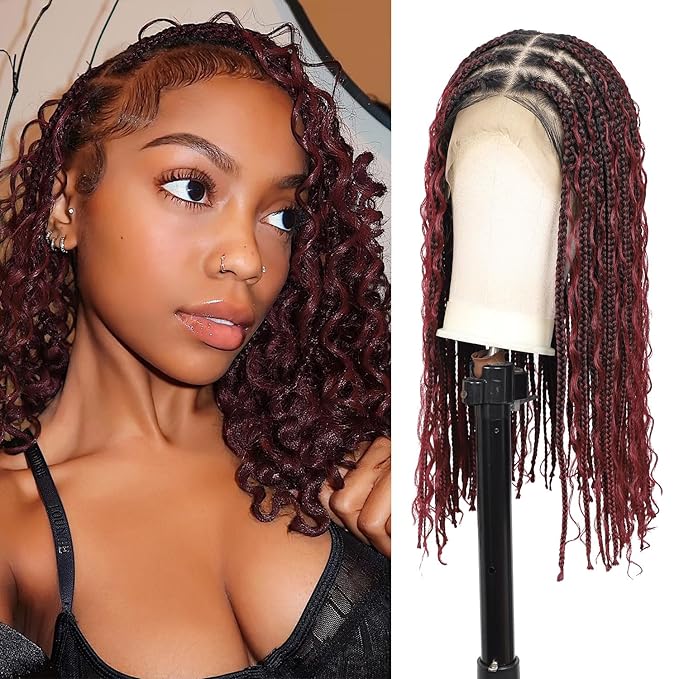 18" 13x8 Inch HD Lace Front Boho Box Braided Wigs With Cruls Ends Short Knotless Box Braid Wig for Women Full Braided Lace Front Wig With Baby Hair Burgundy Natural Color