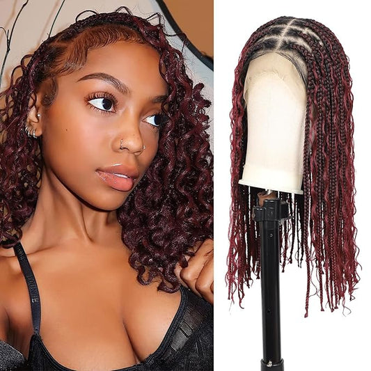 18" 13x8 Inch HD Lace Front Boho Box Braided Wigs With Cruls Ends Short Knotless Box Braid Wig for Women Full Braided Lace Front Wig With Baby Hair Burgundy Natural Color