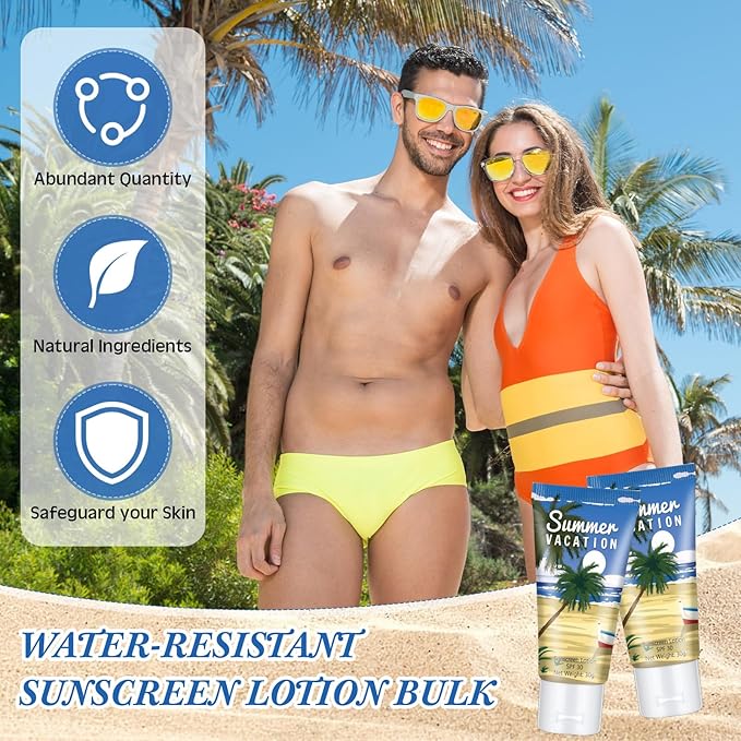 24 Pcs Mini Sunscreen Bulk for Summer Wedding Party Spf 30 Water Resistant Sunscreen Lotion Bulk 1oz Travel Size for Thank You Gifts Wedding Party Supplies(White Cream,Vacation)