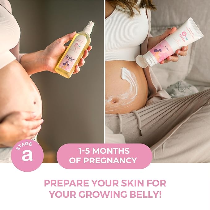 Leska Maternity Set | Belly Lotion, Belly Oil, Stretch Mark Defense Cream & Butter, Toning Gel | Maternity Stages Skin Care for Pregnancy & Postpartum |New Mom Gifts (Set of 5, 4-4.93oz each)